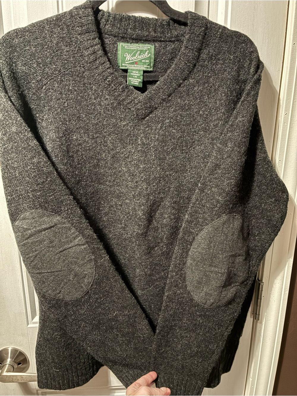 Woolrich Men's Dark Gray V-Neck Sweater with Elbow Patches